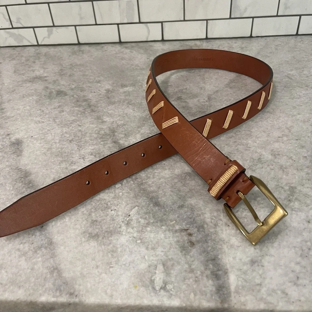 Trafalgar Belt Mens 36 Brown Italian Leather Brass Buckle Details
